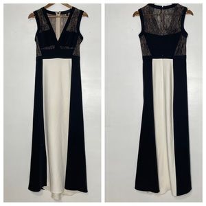 BCBG MAXAZRIA black and offwhite floor length gown lace panel Odette size 4 Tall